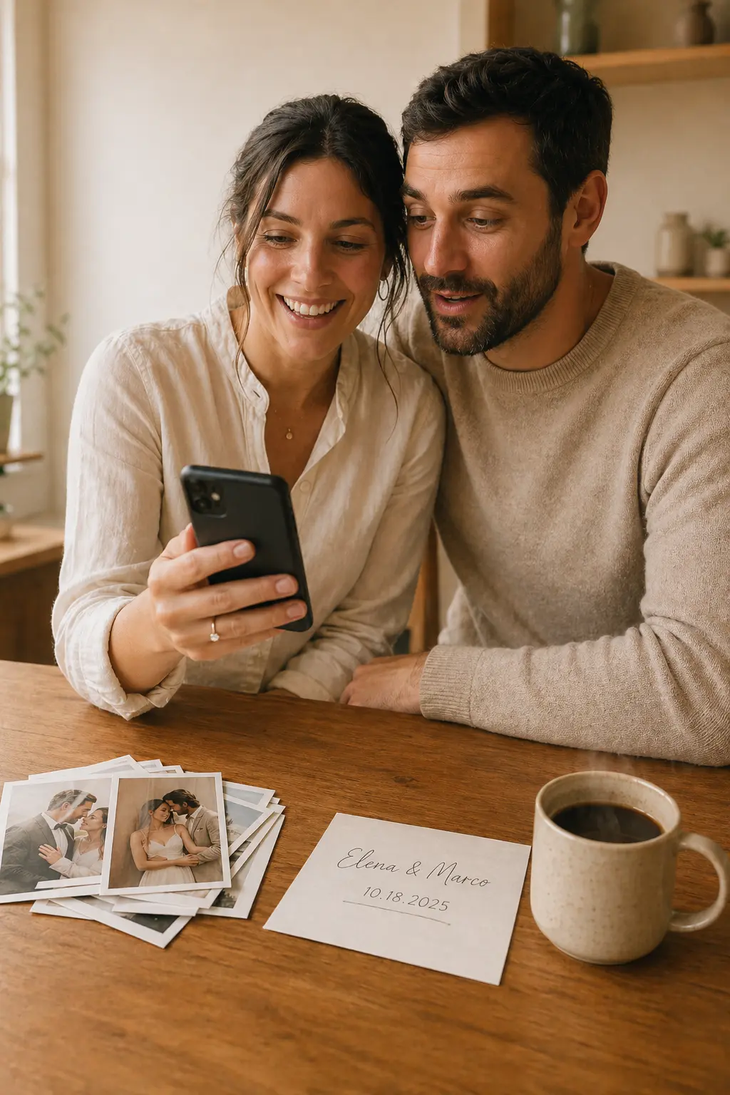 A couple admiring their finished Weddnesday wedding website on a phone