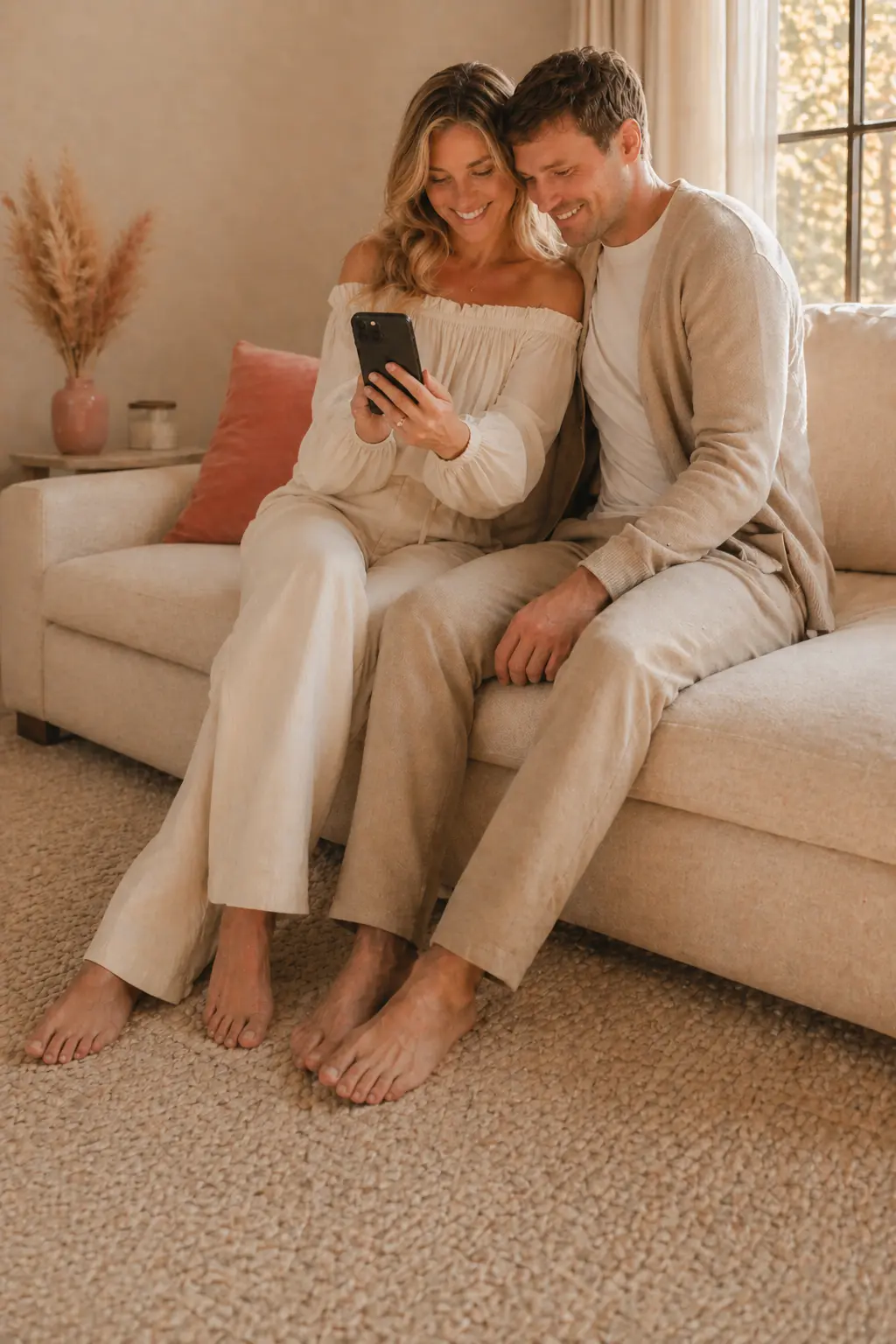 A couple smiling while viewing their wedding website on a smartphone