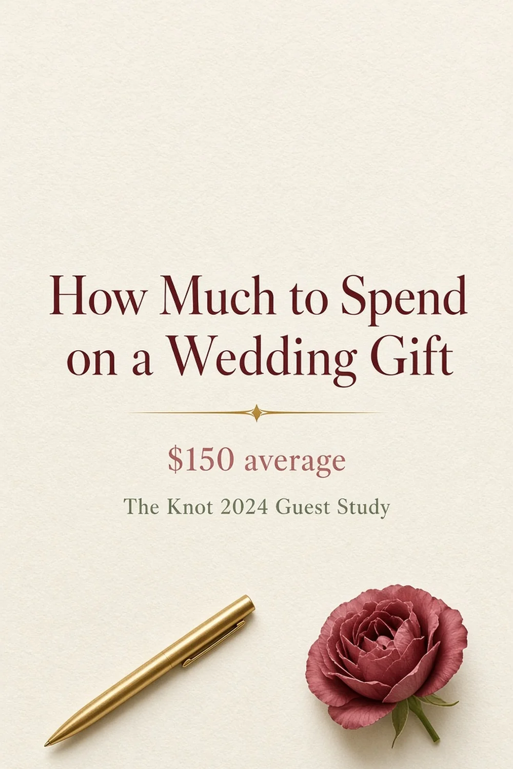 Ivory flat lay with burgundy type reading How Much to Spend on a Wedding Gift and the line $150 average.