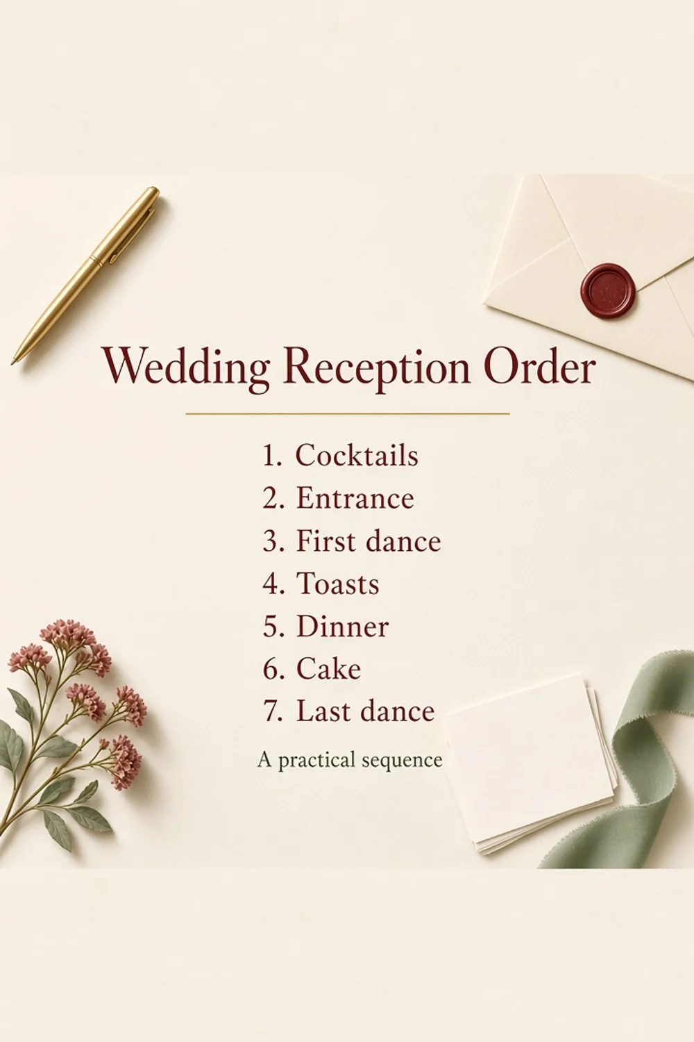 Ivory flat lay with burgundy type reading Wedding Reception Order and the sequence cocktails, entrance, first dance, toasts, dinner, cake, last dance.