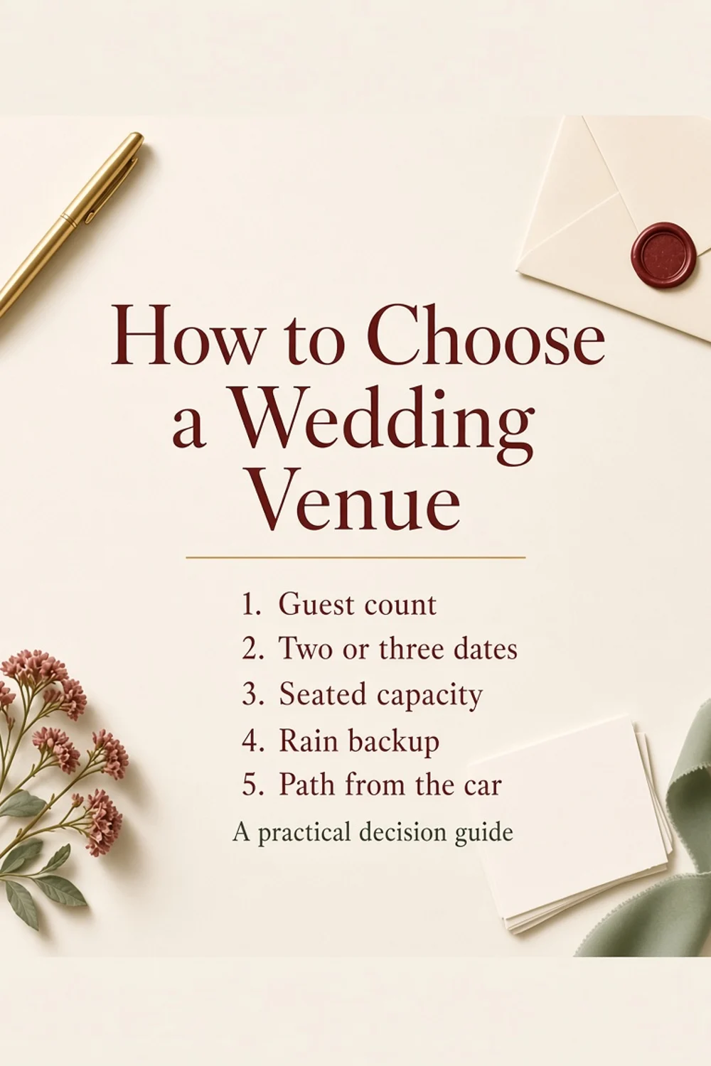 Ivory flat lay with burgundy type reading How to Choose a Wedding Venue and the list guest count, two or three dates, seated capacity, rain backup, path from the car.