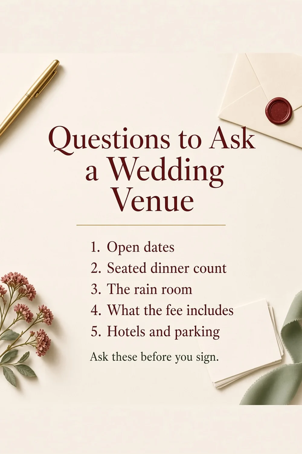 Ivory flat lay with burgundy type reading Questions to Ask a Wedding Venue and the list open dates, seated dinner count, the rain room, what the fee includes, hotels and parking.