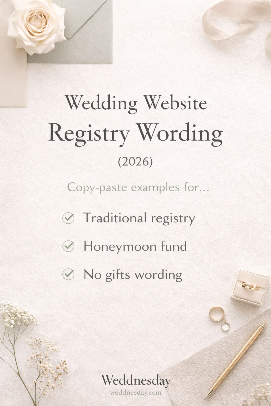 Pinterest Pin — Wedding Website Registry Wording: What to Say (and What Not to Say) in 2026