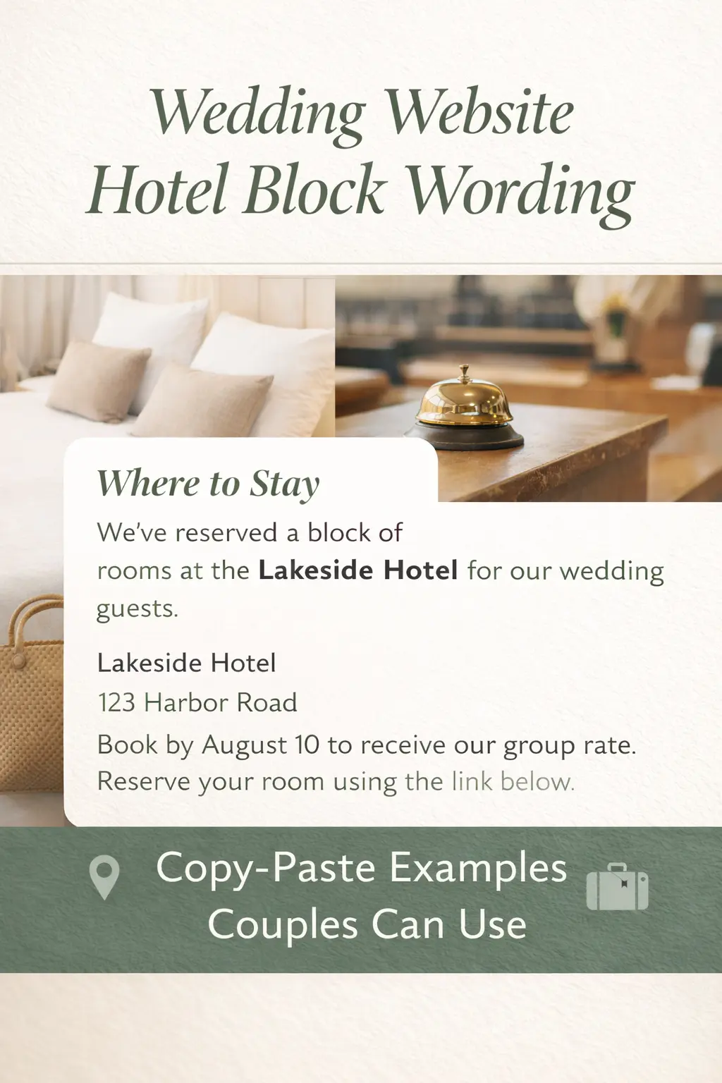 Pinterest Pin — Wedding Website Accommodation Wording: Hotel Blocks and Stay Details