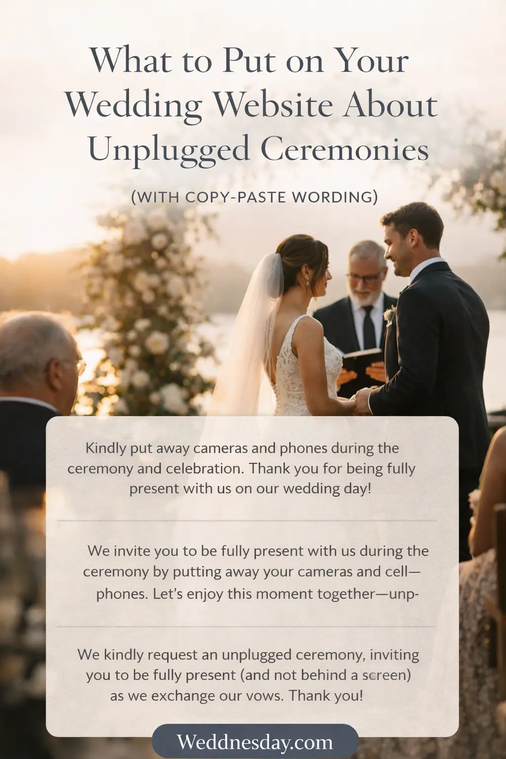Pinterest Pin — Unplugged Ceremony Wording (Copy-Paste Examples for Your Wedding Website)