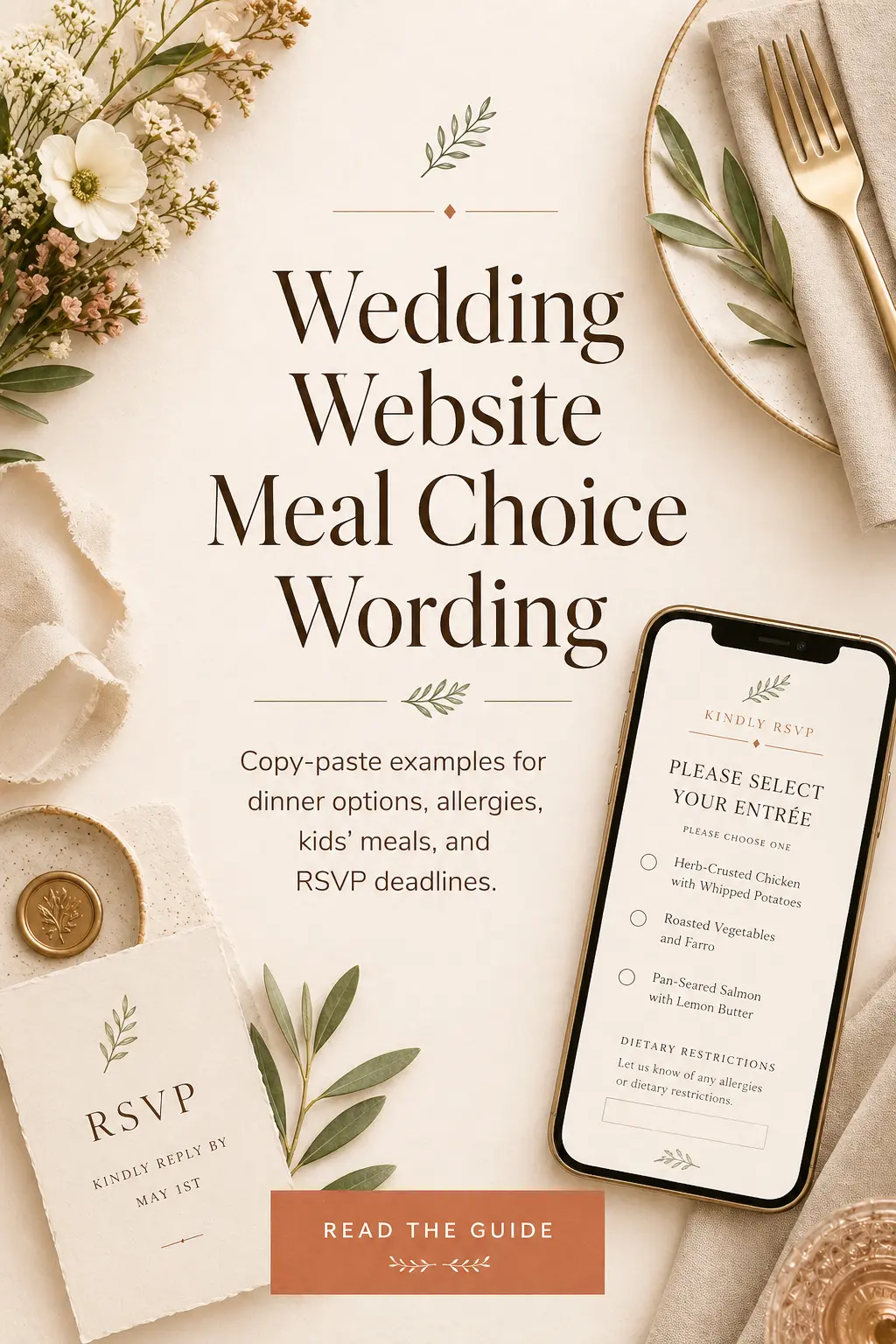 Pinterest Pin — Wedding Website Meal Choice Wording: Copy-Paste Examples for Dinner Options