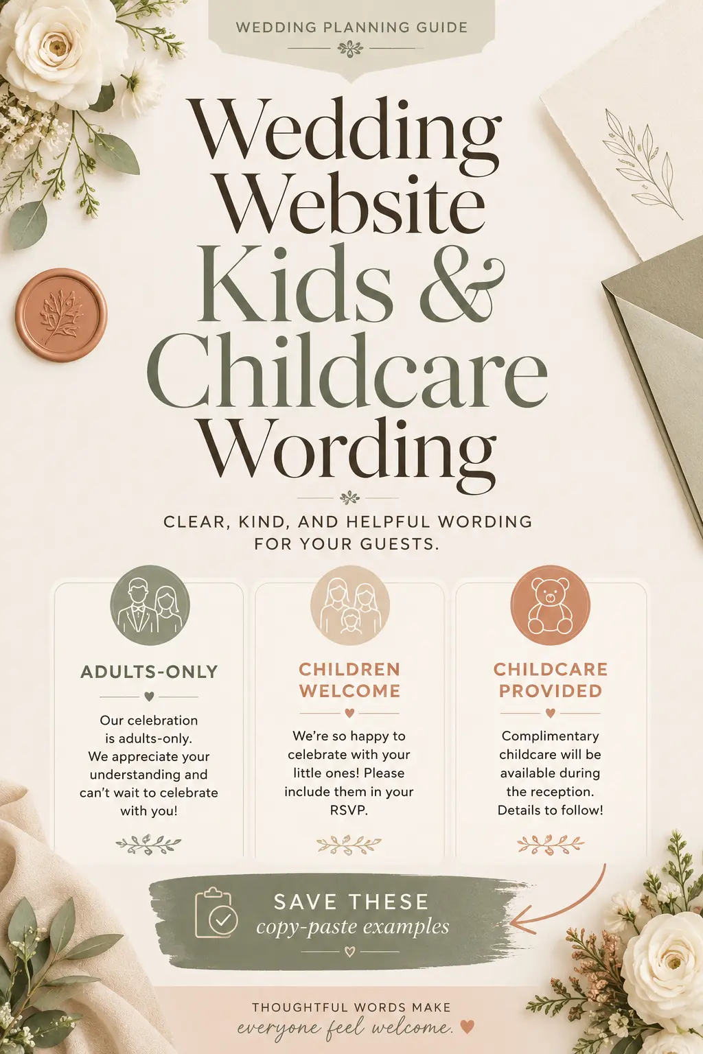 Pinterest Pin — Wedding Website Kids & Childcare Wording: Copy-Paste Examples for Families