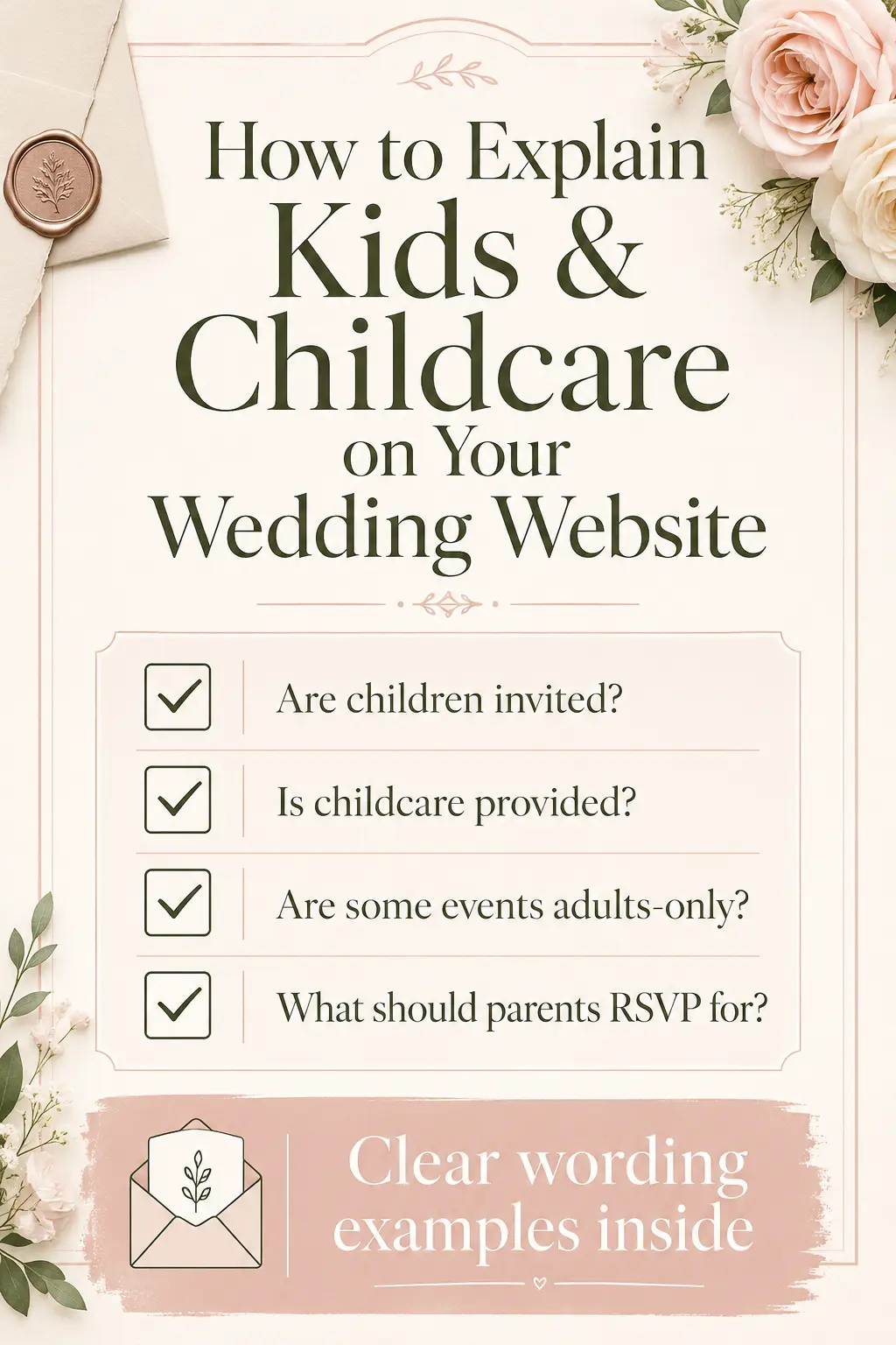 Pinterest Pin — How to Explain Children, Babysitting, and Family Details on Your Wedding Website