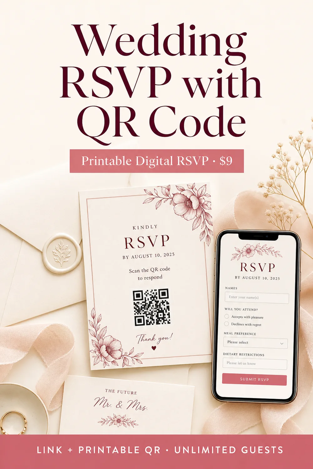 Pinterest Pin — Wedding RSVP with QR Code for Paper Invitations