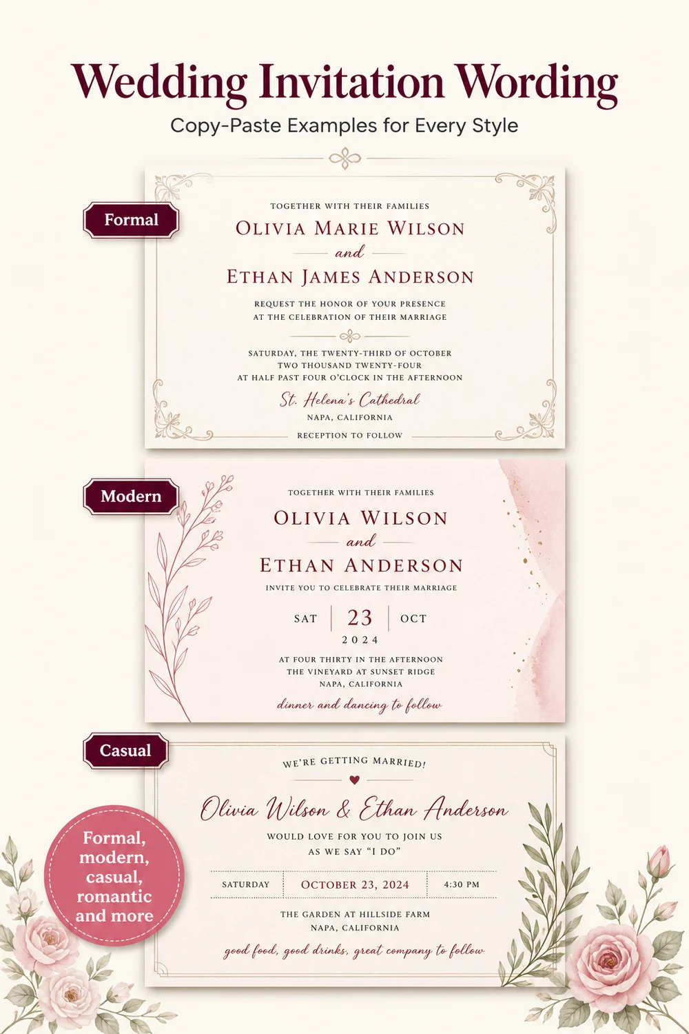 Pinterest Pin — Wedding Invitation Wording: What to Write and Copy-Paste Examples for Every Style