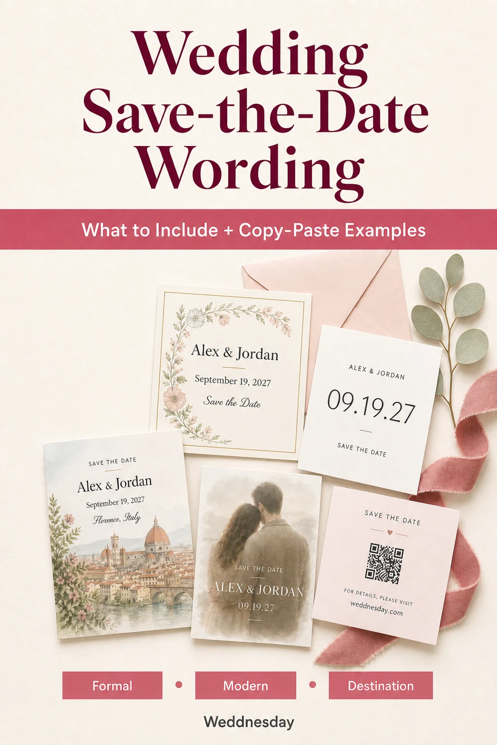 Pinterest Pin — Wedding Save-the-Date Wording: What to Include and Copy-Paste Examples