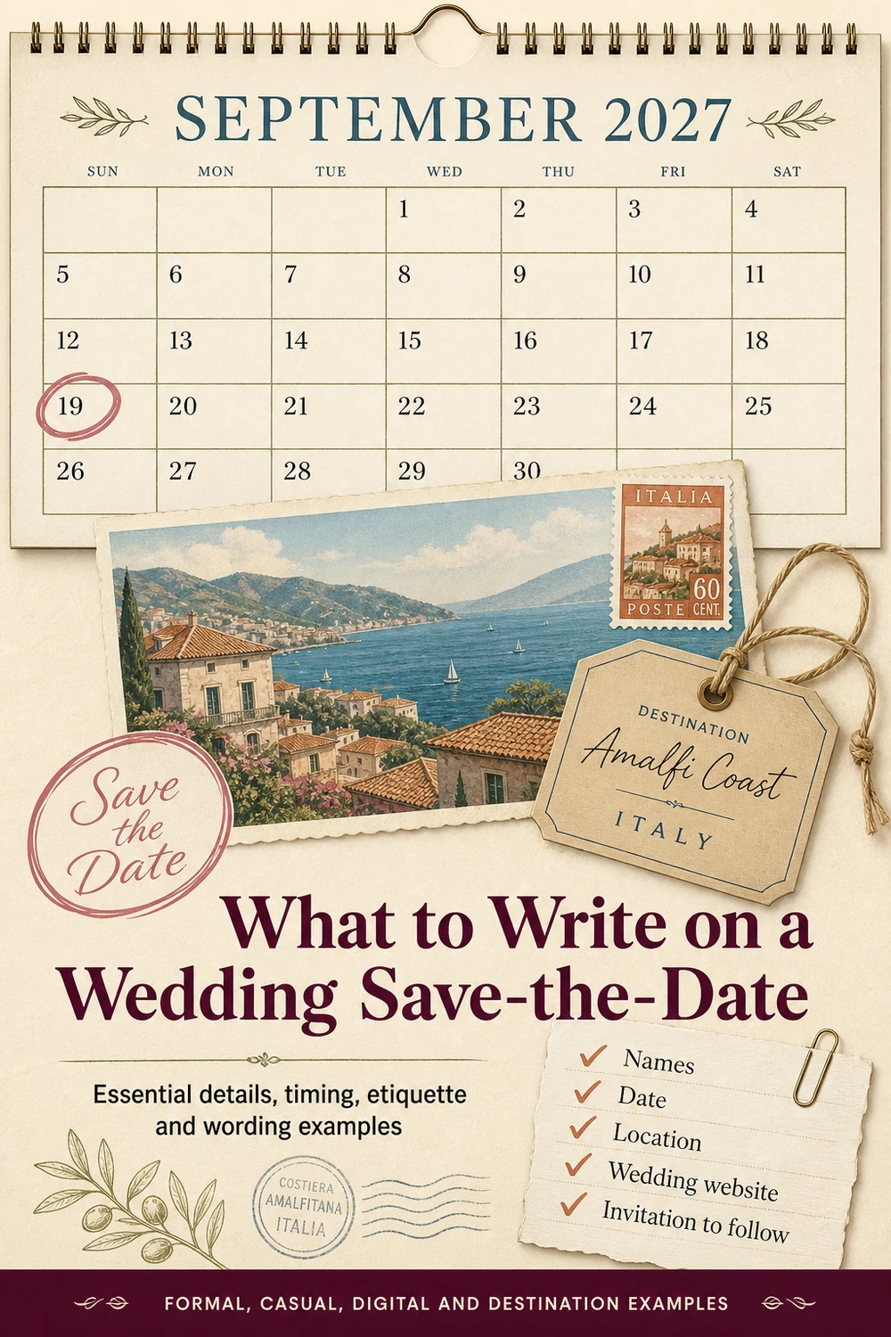 Pinterest Pin — What to Write on a Wedding Save-the-Date: Examples for Every Style