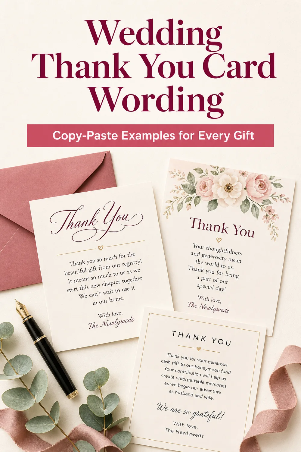 Pinterest Pin — Wedding Thank You Card Wording: Copy-Paste Examples for Every Gift and Guest