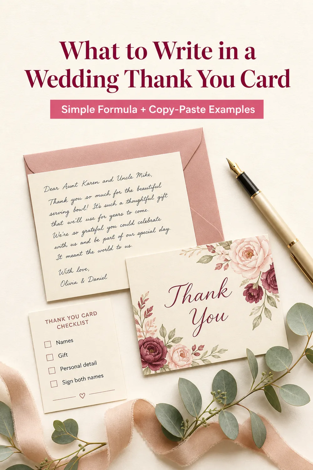 Pinterest Pin — What to Write in Wedding Thank You Cards: Examples for Cash, Registry Gifts, and Guests