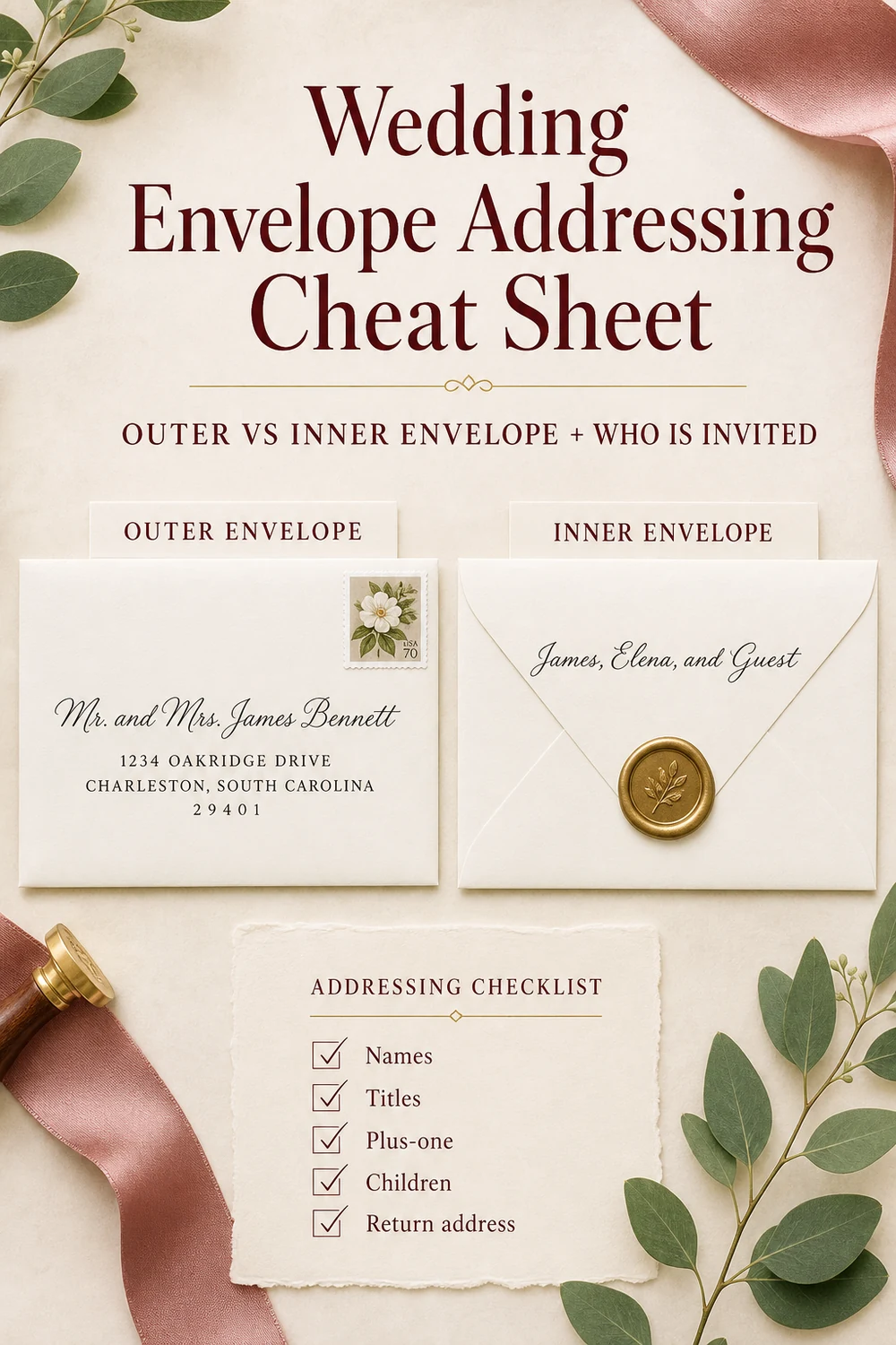 Pinterest Pin — Wedding Envelope Addressing Cheat Sheet: Outer vs Inner Envelope